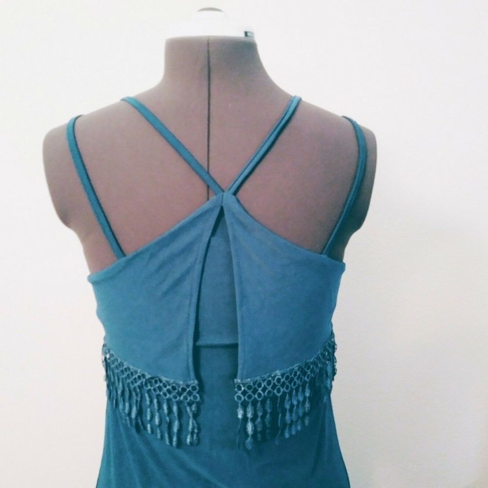 Jon & Anna Womens Small Teal Strappy Sleeve Fringe Tassels A-Line Maxi Dress - Picture 3 of 6
